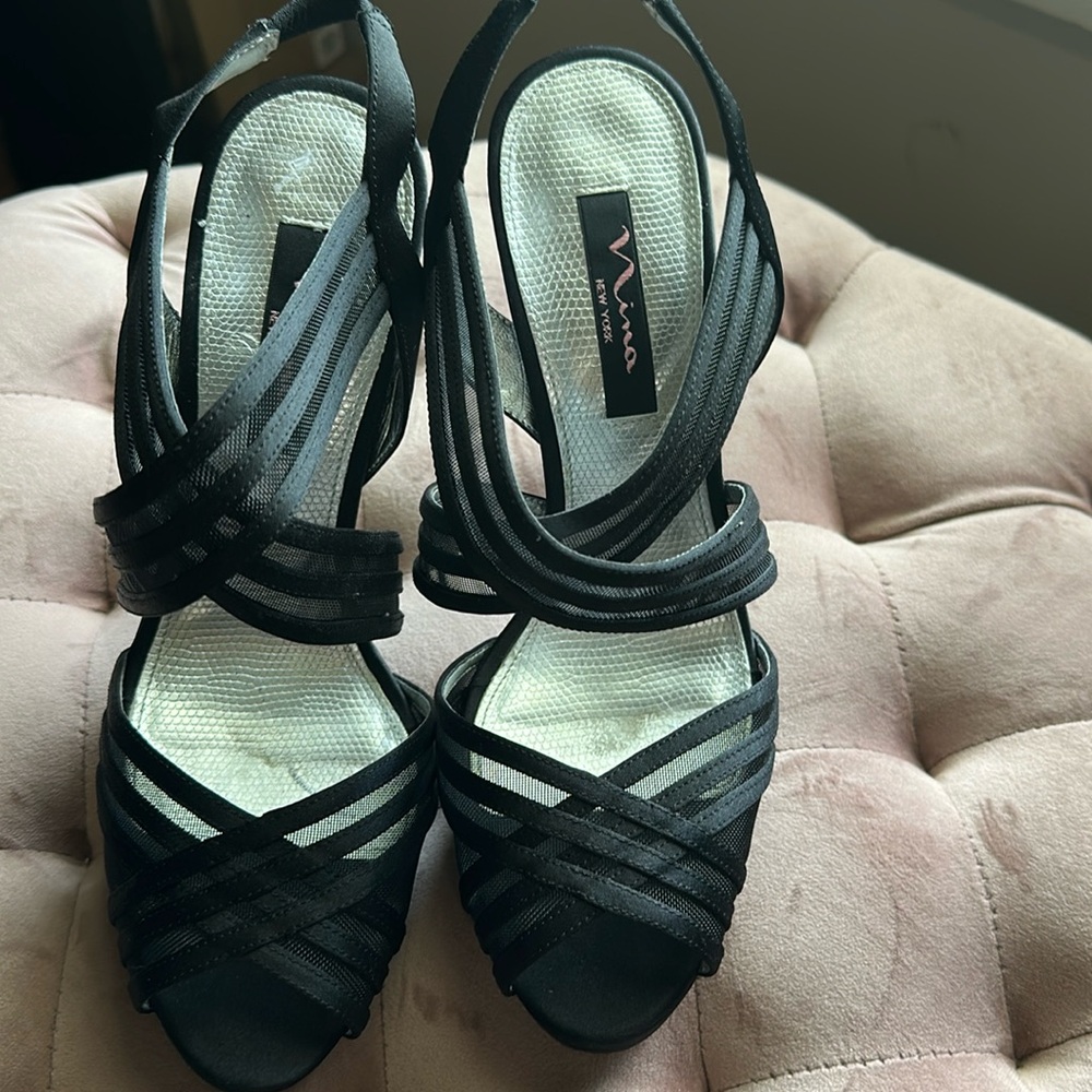 Italian leather black mesh open toe stiletto SZ 8  party retro dressy unique